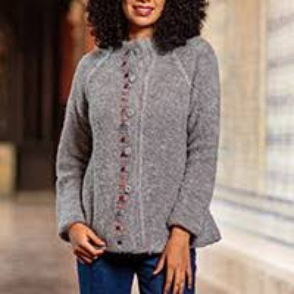 Grey Alpaca Blend Sweater Jacket from Peru, "Morning Muse in Grey" XL